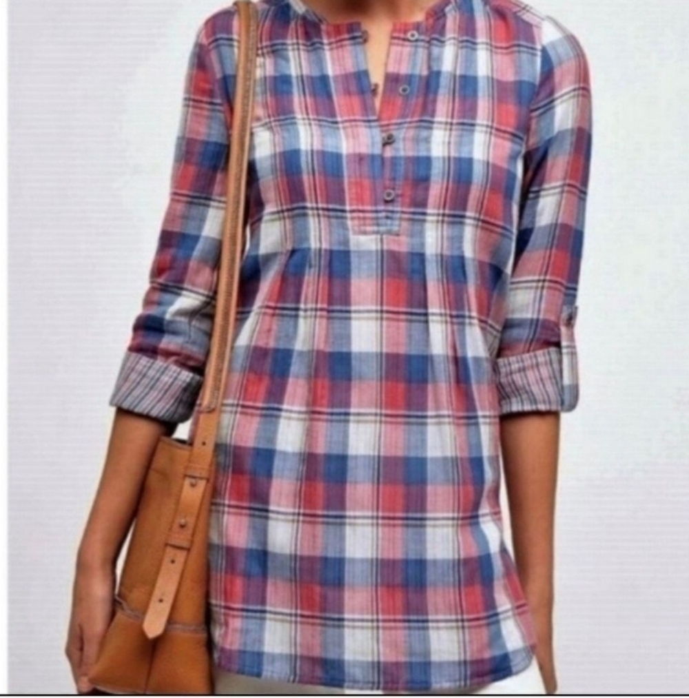 Anthropologie Holding Horses Hi Lo Roll Tab Sleeve Plaid Tunic Size 6, 19" Ptp